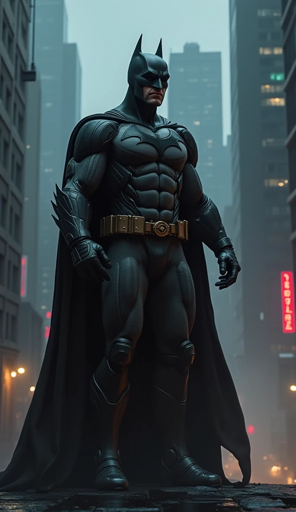 Buff huge 400 lbs bodybuilder muscular Batman standing on a balcony and looking up toward the top-right, HDR, night, looking up, wearing large cape, dark, moonlight, dystopian, gritty, masterpiece, unique, amazing, detailed, futuristic