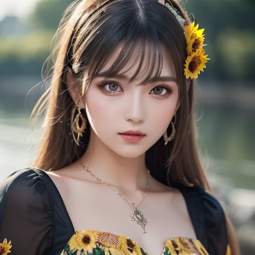 (upper Shot)、(from above)、1girl in、in her 20s、((Medium Hair))、(((Black hair, Orange dip dyed hair)))、((bangss))、(Photoreal Stick:1.2)、in 8K、(High quality shadows)、(A charming expression)、Detail Beautiful delicate face、Detail Beautiful delicate eyes、Cute K-pop Idol、(Korean Urzan Face)、pureerosface_v1、(looking at view)、gloweyes、perfectbody、((strong lights))、(a choker)、((Brown eyes))、((Beautiful Finger))、 Shiny hair、Description beautiful delicate hair、(Lustrous skin)、((Black see-through dress))、(corsets)、(long  skirt)、 (early evening)、Background blur、电影灯光、huge window、Flowers in a vase、Sitting on a large sofa、