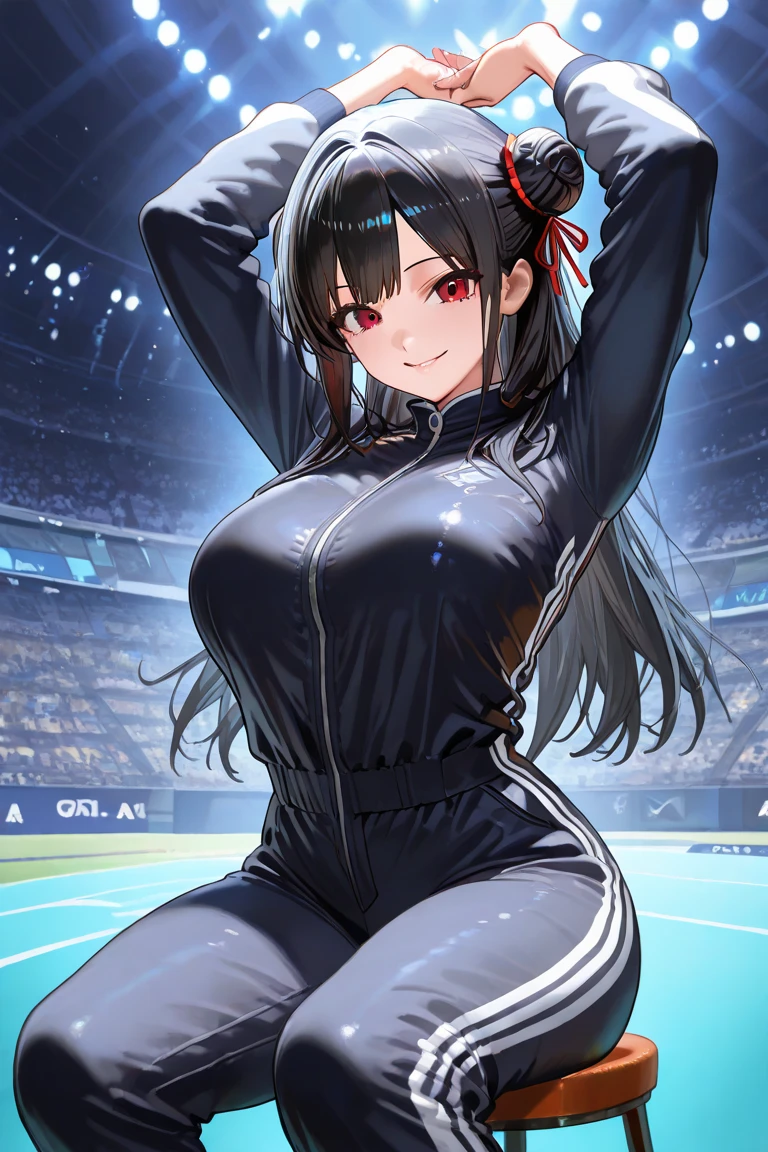 A high school girl with black hair and blue eyes, wearing a long-sleeved blue windbreaker and black long pants, blushing and smiling in the stands at the track and field event, looking like an alluring track and field idol
