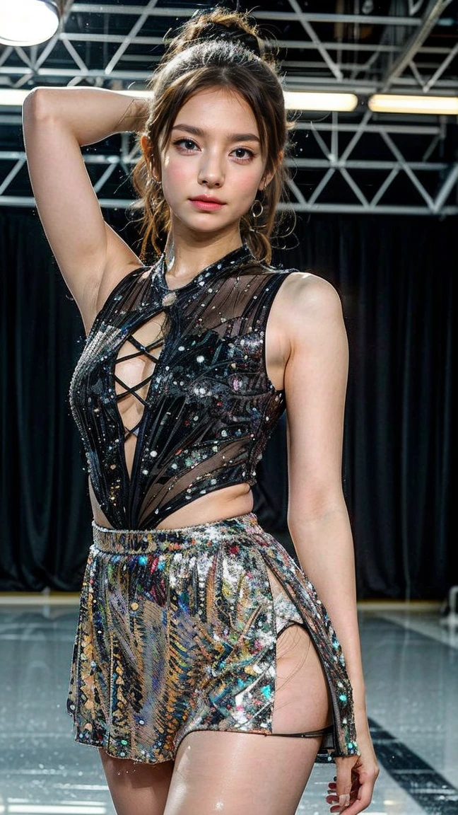 a beautiful young Melina weissman , wearing a very short skirt and a tiny top that exposes her defined waist, large buttocks, a sexy gaze, a sensual pose, hot and sexy legs, cinematic lighting, 8k, photorealistic, extremely detailed, masterpiece, realistic proportions, physically-based rendering, highly detailed facial features, intricate clothing folds, glowing skin, volumetric lighting, warm color palette, dramatic shadows, depth of field, cinematic composition