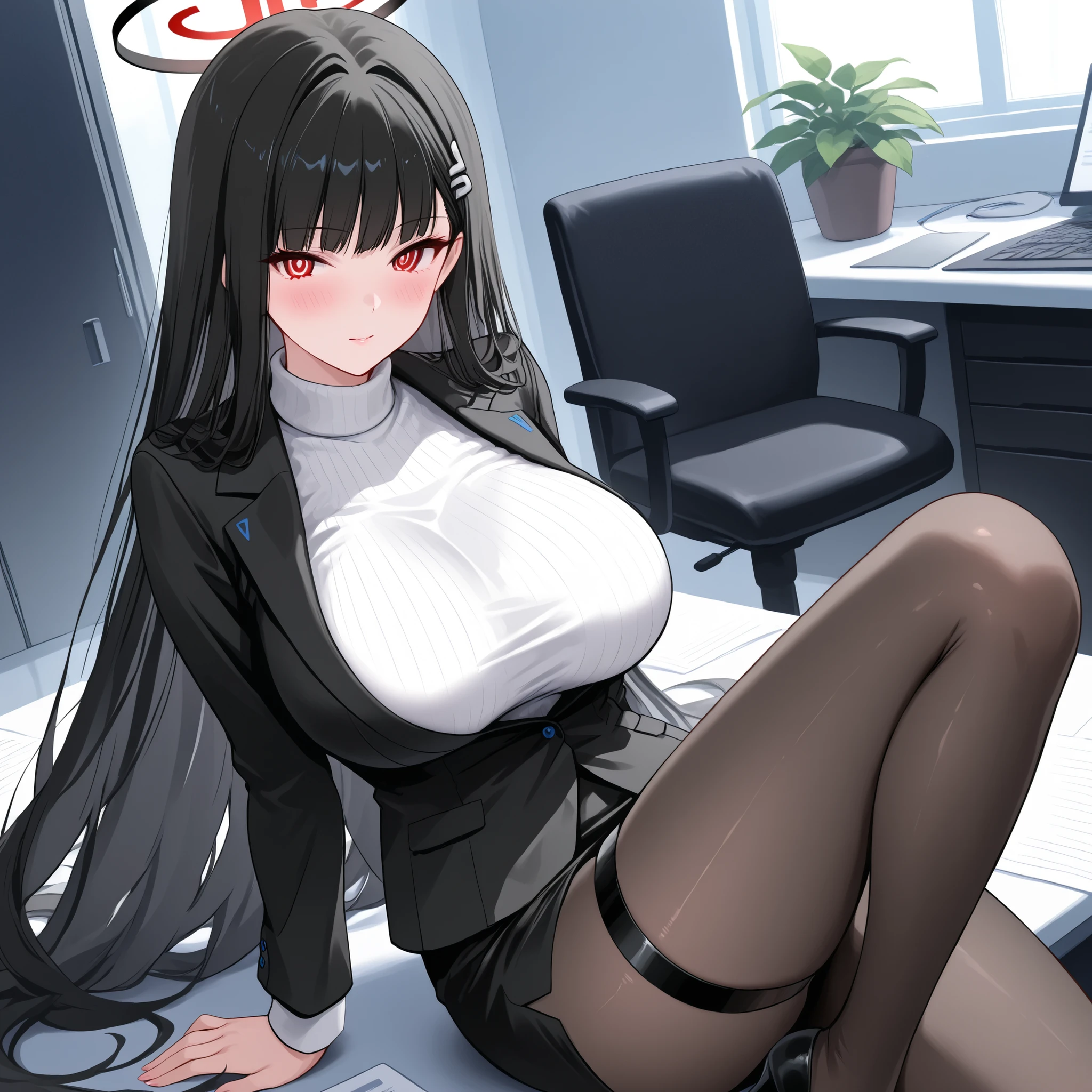 rio, black hair, red eyes, hair ornament, hairclip, halo, long hair, black footwear, black jacket, black pantyhose, black skirt, buttoned cuffs, high heels, jacket, long sleeves, office lady, pantyhose, ribbed sweater, skirt, sweater, thigh strap, turtleneck, turtleneck sweater, white sweater, arms behind back:1.4), breast, ((cute breast)), ((round breast)) (blush), 8k masterpiece, (1girl, solo) adult, mature