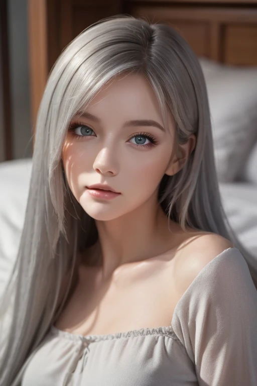 white hair, Moles under the eyes, Scleral mismatch, Heterochromia, blush, Shy, lol, bell, Ray Tracing, Divine Light, Backlight, glowing light, anime style  