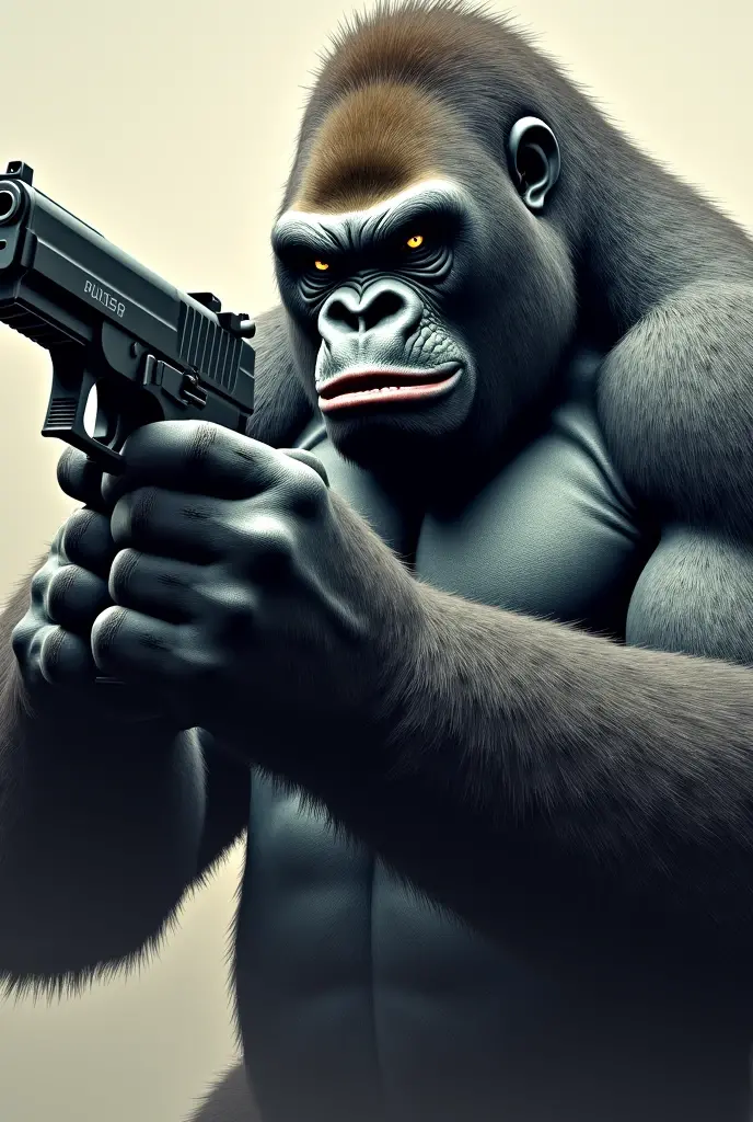 Angry gorilla sitting in chair with gun in hand and headis human