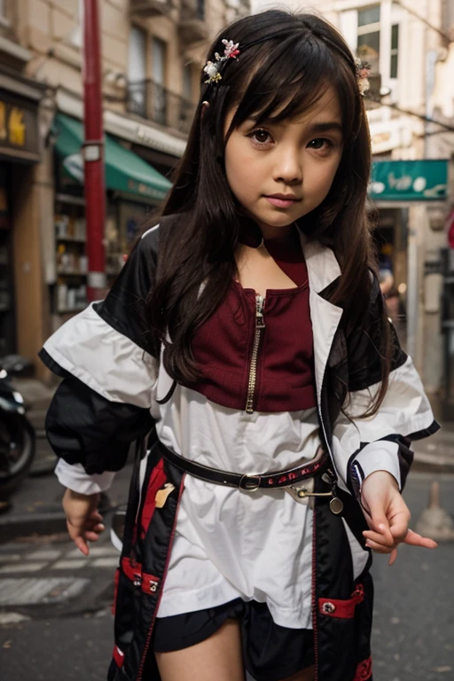 realistic, photorealistic, masterpiece, best quality, girl child 10 years, long hair EARPHONES, RED BACKGROUND, suspense atmosphere, red jacket, thriller, red jacket, wearing red jacket, brown pants red shirt, red jacket, wearing dead lion fantasy jacket, red and black costume!!!, red leather jacket. --auto --s2