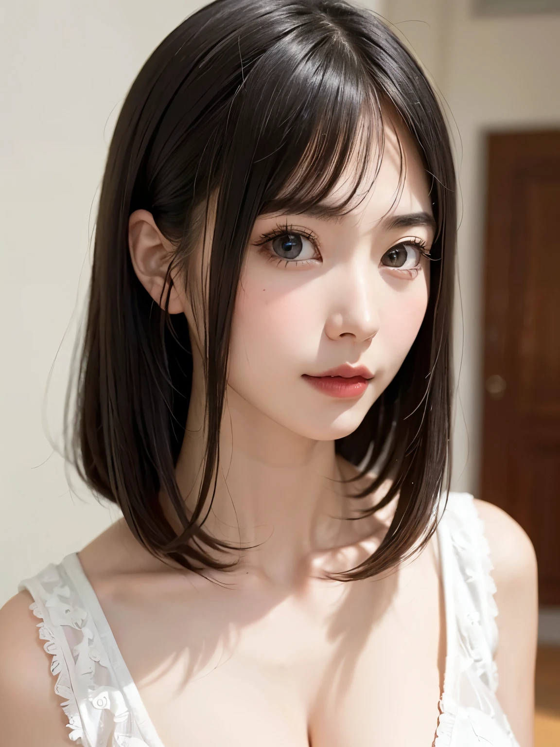 detailed face, cute face,brown eye, , extra short hair, sidelocks-hair, 1 Girl, master piece , best quality , detailed , (woman face) , (breast hold:1.4) , t-shirt , japanese , room , indoor