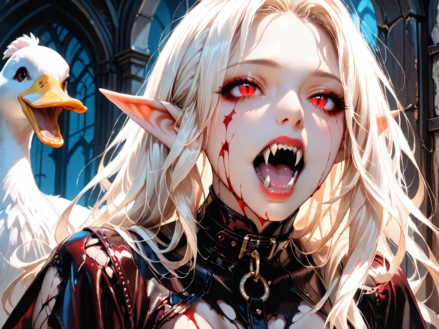 Red eyes,
Dark, angled eyebrows, intense, menacing gaze, long smile, Smile, slightly open mouth, blood on face, blood on forehead, blood in hair, long nails, sharp nails, blood on nails, straight teeth, protruding fangs, full lips, slightly open hands and profiled fingers