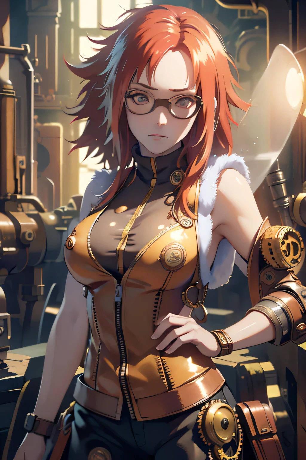 (best quality,4k,ultra-detailed),(realistic:1.37),HDR,professional,portrait,colorful,soft lighting,Karin Uzumaki, red hair, wearing glasses, wearing sleeveless steampunk clothes, in a steampunk city, steampunk punk world, in the middle of steampunk city filled with steampunk building,