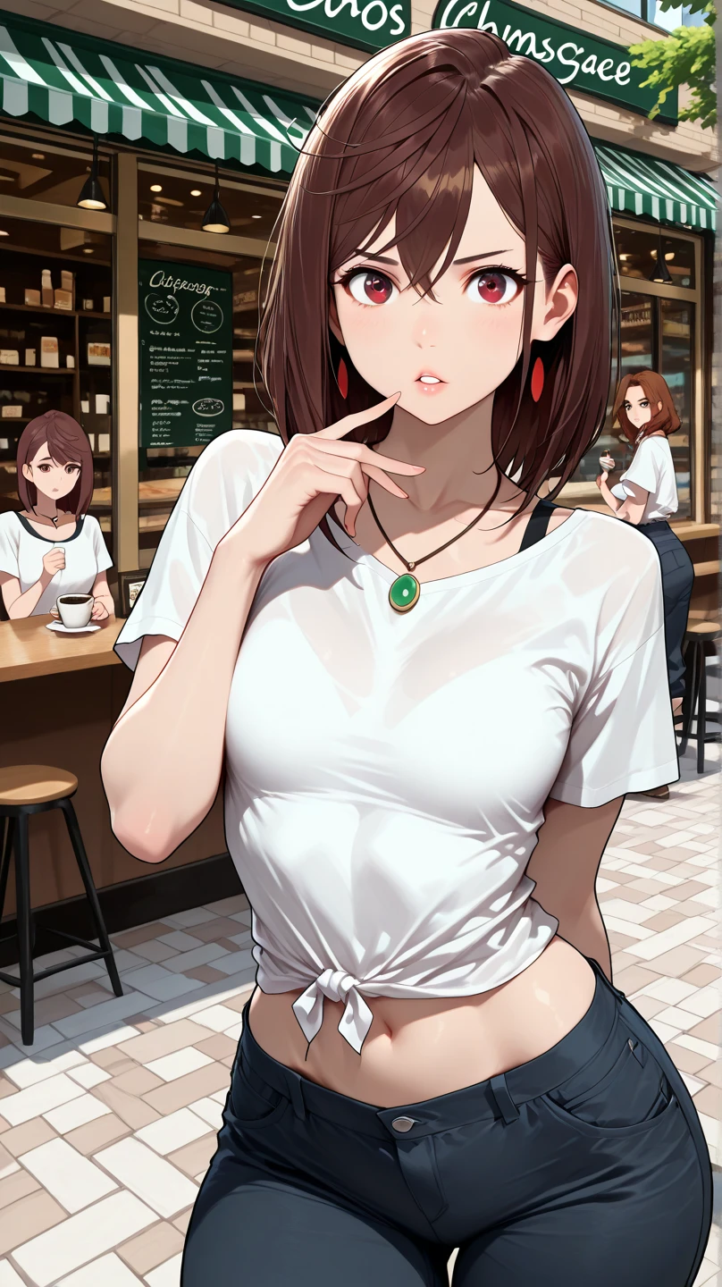 score_9, score_8_up, score_7_up, 1lady, Momo Ayase (Dandadan), Ayase Momo, perfect eyes, perfect face, small breast, medium breast, brown hair, red brown eyes, perfect attractive curvy slim body, charming beauty, gorgeous body shapes, big hips, thick thighs, solo (Sexy Photoshoot), (Masterpiece, Best Quality) ,
large white t-shirt, black large cargo pants, necklace,
Charming beauty, looking at viewer, parted lips,
dynamic pose, sexy pose,
bay windows background, daylights, windows, coffee shop, trees, street