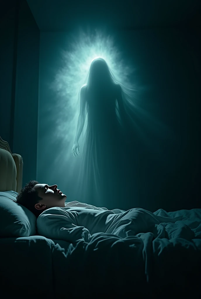 Create a digital artwork of a person sleeping on their back at night, with a skeleton-type ghost sitting on the person and choking that person's throat. The scene should be set in a dimly lit bedroom, but the details should be clear and visible. Moonlight filtering through a window should provide enough illumination to see the ghost and the person distinctly. The ghost should have a skeletal appearance with hollow eyes and bony hands gripping the person's neck, who appears distressed with wide-open eyes. Use a balanced color palette to ensure visibility while maintaining a chilling and intense atmosphere, with detailed contrasts of light and shadow to highlight the ghostly figure and the terrified individual.