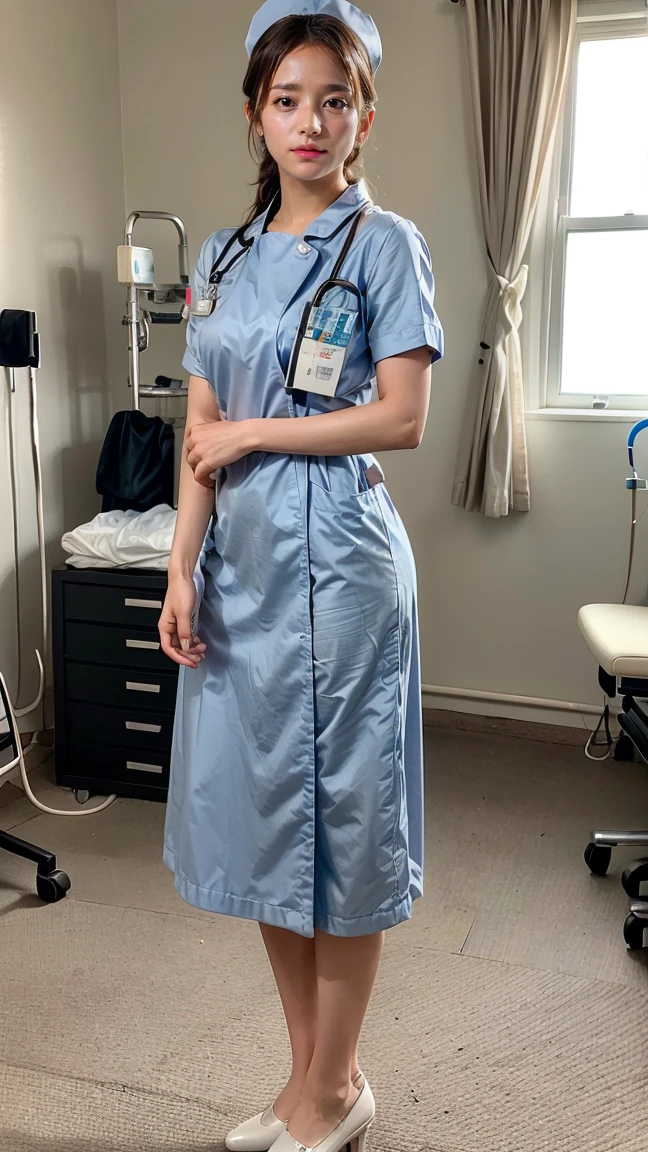 masterpiece, best quality, 16K, hospital, operating room, old woman, interior photo, glad, smiling, standing, front view, long hair, ponytail, black hair, eyes open, (large breasts:1.32), (wrinkles corners eyes:1.32), (nasolabial:1.32), (old skin:1.32), freckled skin, wrinkles skin, pale skin, (old muscles:1.2), plump, {(nurse), (breast pocket), (collared dress), (short dress:1.38), (short sleeves), (thighs), (white dress), (white headwear), (stethoscope), (white ankle socks), (white sandals)}, beauty mark, 50-year-old, old, elderly, japanese, inside, in the hospital, with a operating table, in the afternoon, real person, ultra realistic photo, nsfw, full body shot, from front, front view