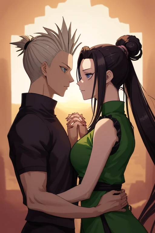 sarada anime + Vegeta spiky mohawk hair with gel short dress sexy V cuts neckline walking on a dark gloomy street scared style photo realism, fully detailed drawing in black and black and only the green eyes