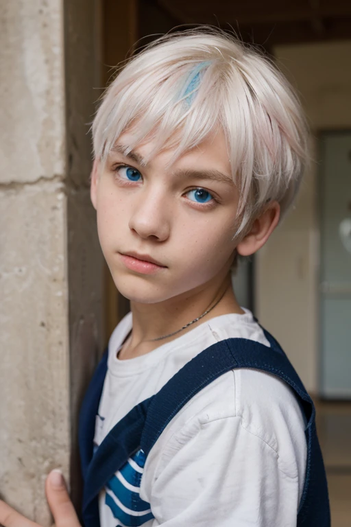 Boy with white hair and blue eyes, 5 years, in a park. Holding some colorful balloons.