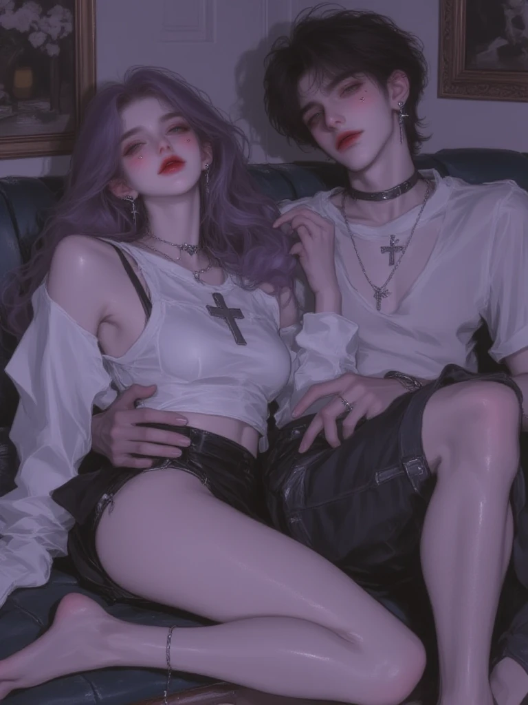 Beautiful detailed skin, Detailed Body, beautiful detailed hair, beautiful black pigtail, detailed hands, pareja enamorada senrada hombres con abdomen marcado