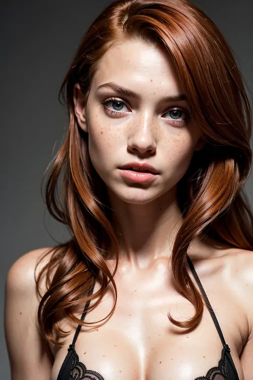 Professional photo of a beautiful young girl, beautiful face, glamor makeup, freckles, long red hair, thin body, large breasts, black bra, simple black background, eye contact, looking at viewer, masterpiece, best quality, perfect detail, perfect face detail, perfect eye detail, perfect skin detail, depth of field, perfect lighting