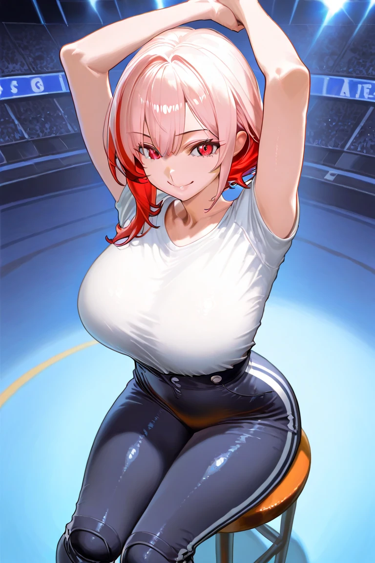 1girl,wrestling gear, (magenta hair:1.2), short hair, looking at viewer,highly detailed background of wrestling ring, detailed eyes,depth of field,thighs, upper body, (solo:1.2), (cyberpunk city:1.1), cleavage, (finger on lips:1.1),Shiny skin, standing, big spring breasts, armpit line, little biceps,large breasts,perfect body,beauty,very huge breasts,narrow waist,bust size is 140cm over,sexy,soaked,seductive anime girl, oppai,biomechanical oppai,oppai proportions,Both hands are tied behind their backs and restrained,chikubi,Completely naked,not wearing clothes,naked,put both hands behind her back,zenra,shiny breasts,beautiful nipples,well-shaped breasts,Breast milk,Moaning,Sensual, Breasts I want to squeeze,Her pussy is completely visible,Full body