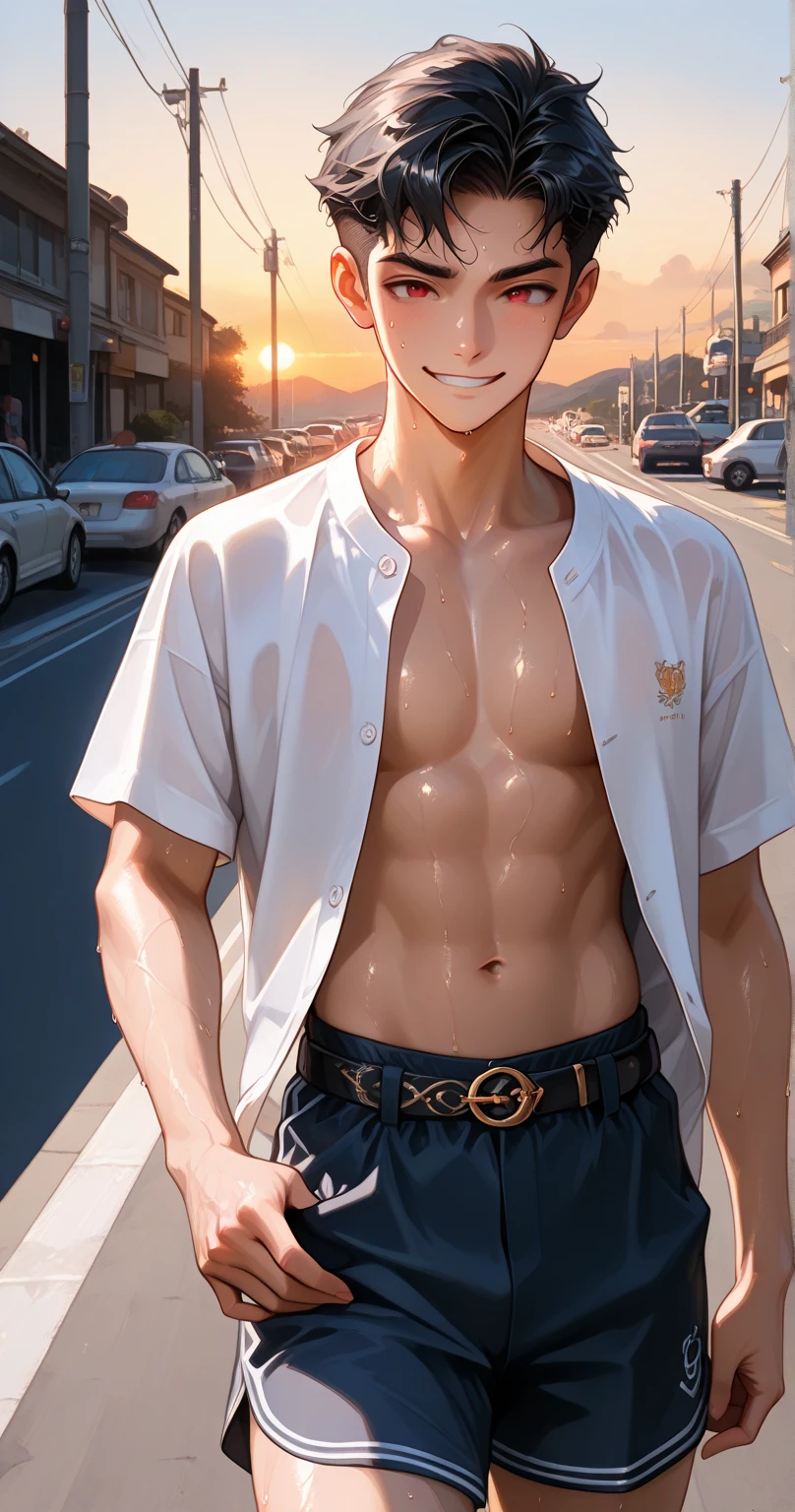 shirtless handsome manly short black hair caucasian male in tattered short jeans and sneakers, falling in line at the counter to get a bus ticket, shirtless, sweating profusely, drenched with sweat, exhausted, panting, inside the bus station, inside the bus station is crowded with people
