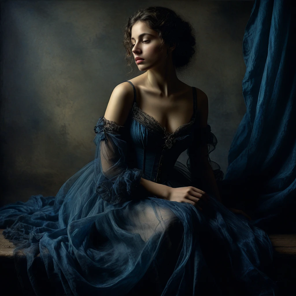 In a captivating exhibition of classical Italian art, a mature woman of stunning beauty, with a splendid figure and fair complexion, kneeling, She dresses in two pieces of transparent fabrics that reveal her voluptuous curves. Broken clothes covered by transparent cups , they reveal a deep cleavage, This exquisite portrait, similar to a Jan Saudek Style Photograph, shows the attractive features of women with grace and charm. The background in a warm colored bedroom interior , ochre and bluish gray. Detailed brushstrokes enhance the delicate textures of her attire and the softness of her skin, creating a fascinating, high-quality image, timeless and captivating. The combination of realistic textures with dreamlike elements creates a sense of mystery, transcendence and an invitation to travel into the unknown and create a visual masterpiece of great quality and captivating beauty, In a Bluish World of Dreams , and with many details, magical realism, Canon eos 5d mark 4 , lighting by Rembrandt. (dark realism 0,5 stat 1 int 1)