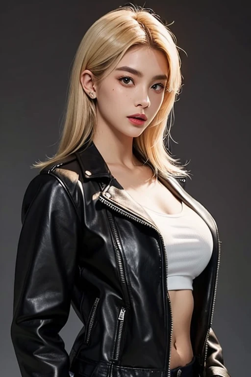 ((Highest quality, 8K, masterpiece :1.3)), Sharp focus :1.2, Beautiful woman with perfect figure :1.4, Slim Abs :1.2, ((Big Breasts, Emphasize cleavage:1.3)), (Photorealistic:1.4), (realistic:1.4), (Blonde:1.5), Highly detailed face and skin texture, Fine grain, double eyelid. Makeup face. A little bit of lipstick, necklace, Earrings, sex appeal, Sexy gravure pose, ((Sexy beauty in a black leather jacket、With the city&#39;s night view in the background、Short Bob、Cool look、You have one hand in your pocket。:1.3)