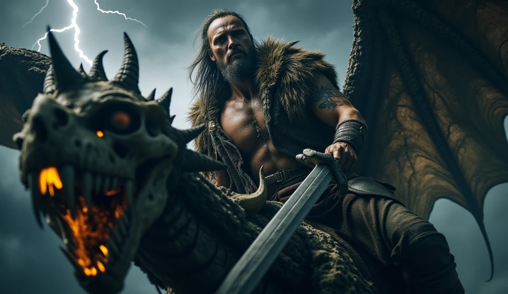 a man, with long hair, muscular body, smoking, holding an axe, fighting a dragon, giant dragon, dragon spitting fire, black dragon, full body, 8k, whole body visible, realistic picture, super clear picture, high resolution
