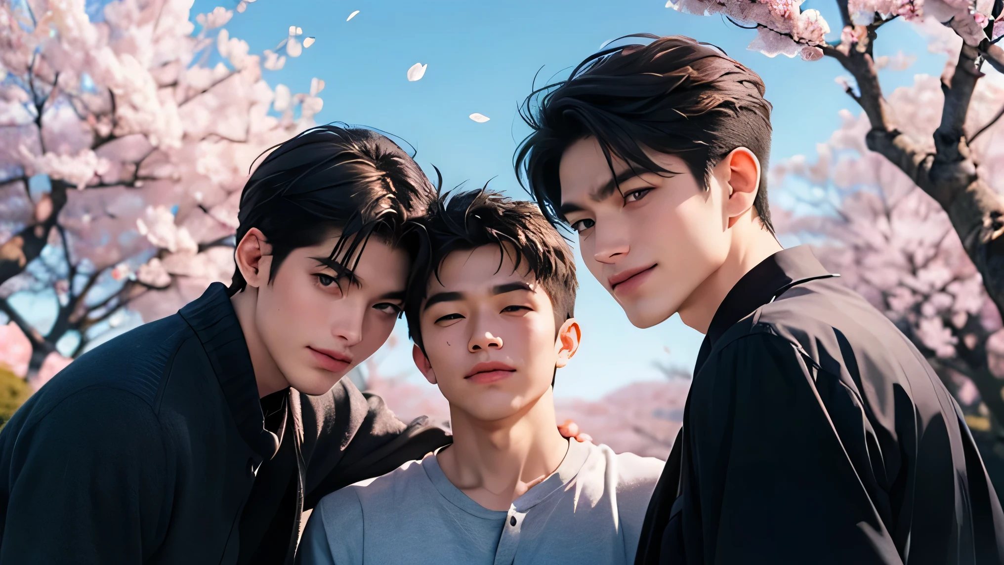 two Japanese men Two cute handsome very short black hair casual with short hem blue sky Cherry blossom trees in the background cherry blossoms in full bloom Mega Bulge guysで寝て抱き合う down touches his butt smile A beautiful guy guys