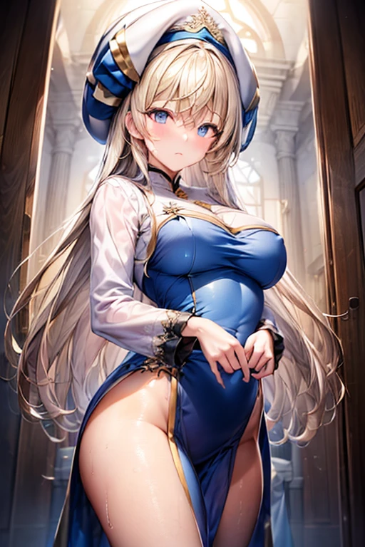 (masterpiece:1.2), best quality, high resolution, unity 8k wallpaper, (illustration:0.8), (beautiful detailed face:1.2, beautiful detailed eyes:1.2), perfect lighting, extremely detailed CG, (perfect hands, perfect anatomy),
Cute, beautiful, charming lady, shiny hair, lustrous skin, beautiful light big eyes,
milf, married woman, soft With a gentle appearance and a gentle mother-like atmosphere,
priestess_a, blonde hair, long hair, very long hair, blue eyes, hair between eyes, hat, white headwear, priestess dress, long sleeves, wide sleeves, white thighhighs, thigh boots,