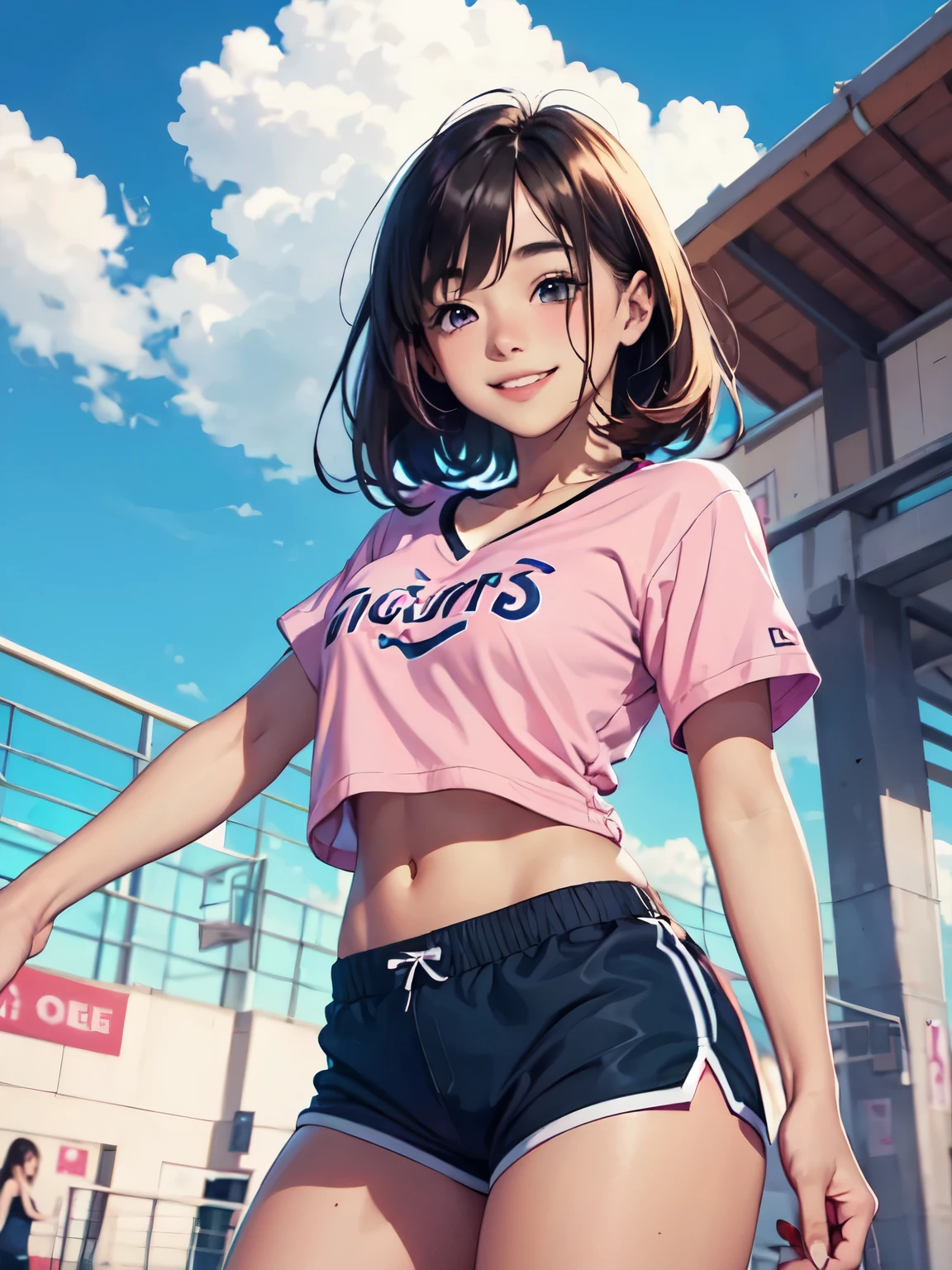 One girl, high school student, brunette hair, pink V-neck mini T-shirt, bare midriff, sports shorts, smiling, tanned skin, blue sky in the background.