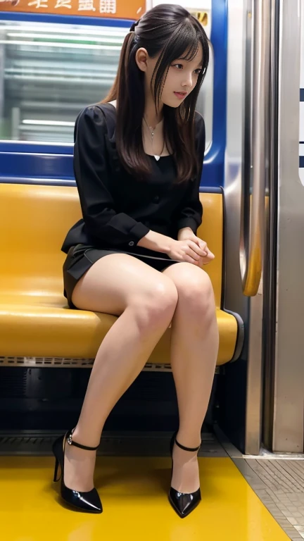 4K.Sharp focus、(((Sit well))), Beauty sitting on train seat, Taken from the opposite seat, Knee height seat, View Photographer, Tall Woman, One Woman, whole body, (Smiling at the photographer), tight skirt, (barefoot), High heels, Sexy Dress, Long legs, Heavy makeup, Perfect Makeup, Perfectly styled hair、Clothes that show the chest、Glasses、Thin and long elbows、、Perfectly symmetrical eyes、Fuller lips、Ample breasts、Tight waist、Sweaty thighs、２Book Arms、(Flesh-colored stockings)、(Over the knee socks)(Accurate joint placement５Book fingers)、Three women with anatomically correct muscles and bones、Three beautiful women sitting side by side