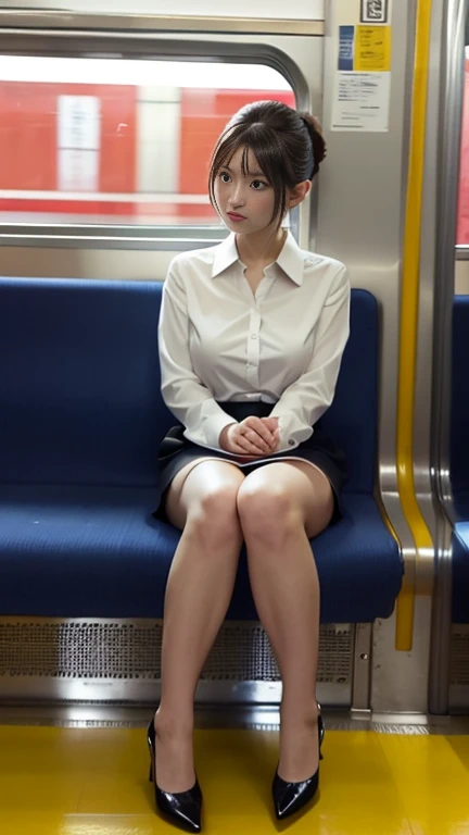 (cloth), (Thin black skirt), (White-Panty:1.35), Recruitment Suit,,(Professional portrait, Professional Writing) ,masterpiece,最high quality,Realistic,8k,Official Art, Ultra-high resolution, ,,,Medium Hair,(Blonde gradient hair:1.02), 8k,high quality, Super detailed, 最high quality, Very detailed, beautiful , (Professional portrait, Professional Writing) ,masterpiece,最high quality,Realistic,8k,Official Art, Ultra-high resolution,, , Vivid and cute panty, , Straight bangs, Medium Hair、Shrine maiden, , , 、(Show your panties neatly from the front:1.2)、Brown Hair、Cheerleader、ribbon、, (The background is inside a train:1.03), ,、, ,, , (Half-close your eyes:1.23), Sit with very good posture, (Low-Angle:1.36), (Focus between legs:1.24), (Knee to knee:1.13), knees together
