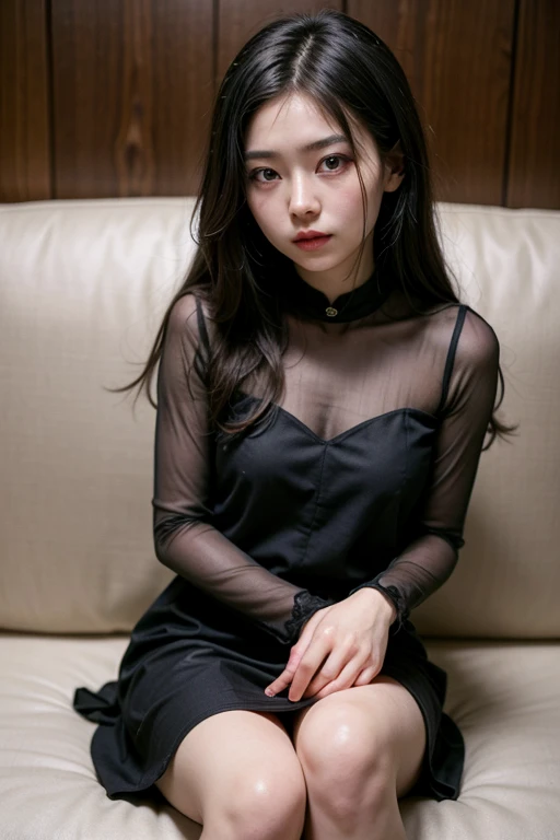 absurdres, RAW photo, extremely delicate and beautiful, masterpiece, Best Quality, ultra high resolution, 32k, hyperrealistic, ultra-detailed, in her 20s, delicate facial features, tearful mole, earring, huge breasts, ((full body shot)), shorter middle hair, black hair, collared shirt dress,