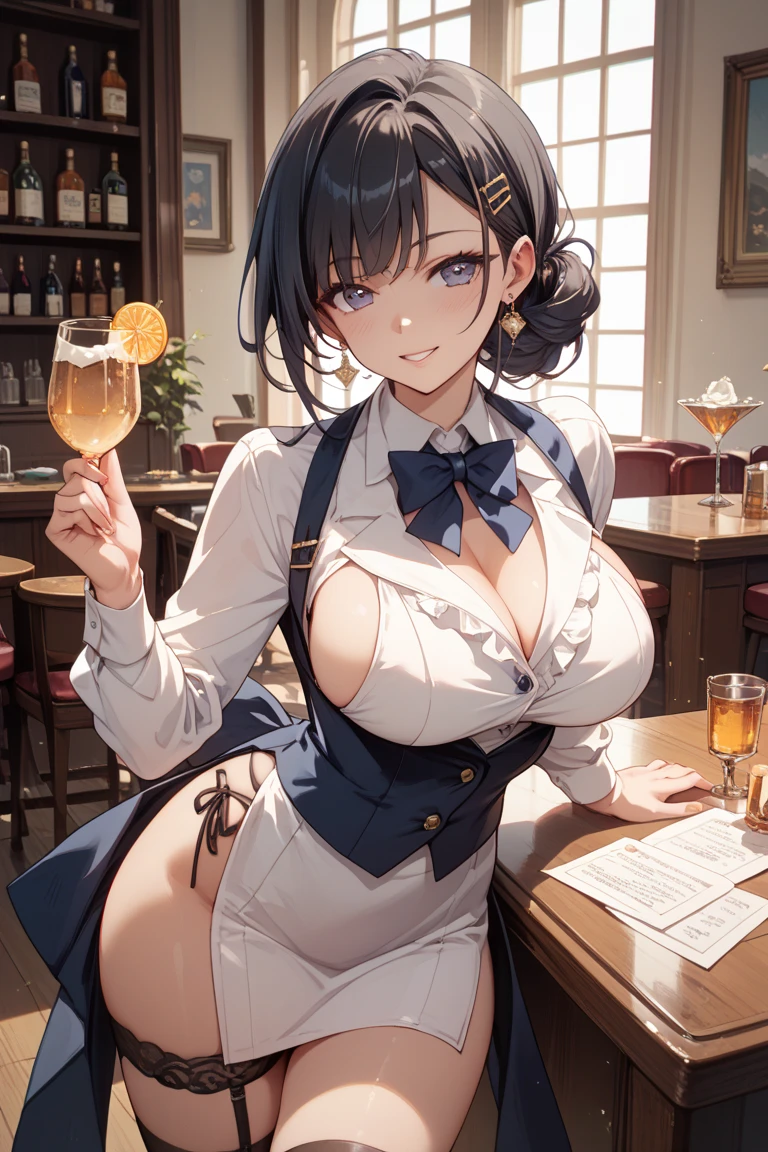 ((masterpiece)), ((Best Quality)), (Ultra-detailed), ((kawaii)), (Cute), (lovely), ((Sexy)), (Ero), ((Extremely detailed)), 4K, (8K), Best Quality, (Beautiful), Illustration, Anime style, Painting, Dynamic Angle, Cowboy Shot, (masturbation), (from wildcard:1.4), heavy outline, clear outlines, Gradation, full body focus, (night), Cute little girl,1girl in, Solo, bartender, Bartender vest, black hair, Beautiful random colored eyes, ((Beautiful eyes)), Slightly wheat-colored skin, short hair, Buttocks, (gigantic and massive tits), glasses, bowtie, (smirk), grin, (blush:1.5), sparkling effect, Lens Flare, shiny-glistening, gleaming
