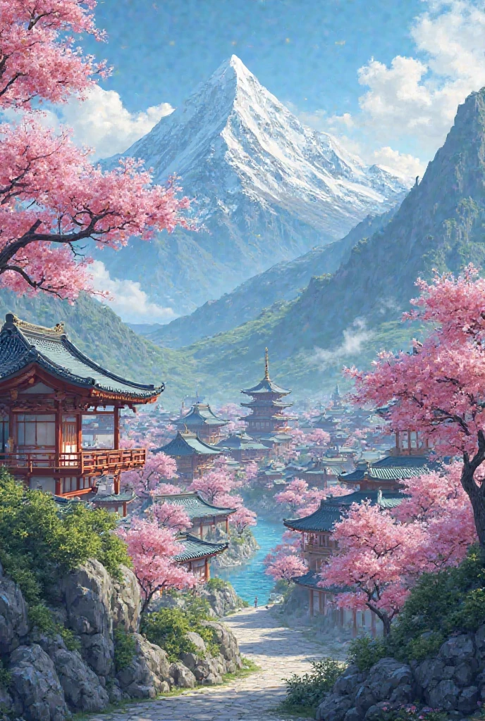 Ancient city with lots of blooming cherry trees and plants, mountains in distance
