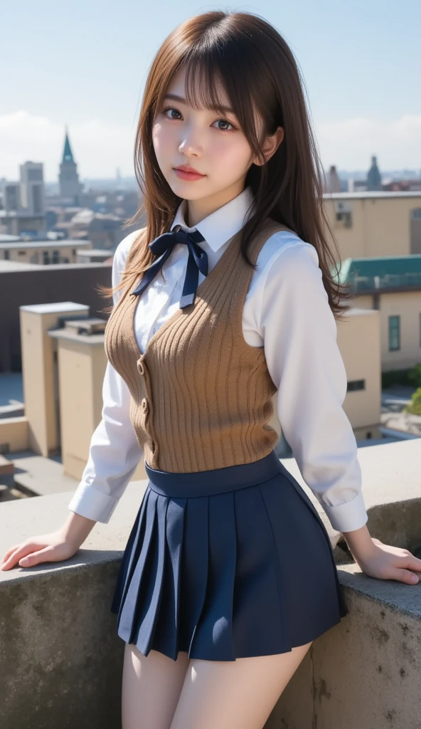 (masterpiece:1.2, of the highest quality), (realist, photorealist:1.4), beautiful illustrations, (Natural side lighting, movie lighting), Depth of written limit, 
looking at the viewer, Front view, 1 girl, English, high school girl, 20 years, perfect face, Beautiful symmetrical face, shiny skin, open legs,
(by bob:1.7,rubio), asymmetrical bangs, large eyes, droopy eyes, long eyelash chest), delgado, 
beautiful hair, beautiful face, fine and beautiful eyes, beautiful clavicle, beautiful body, beautiful breasts, beautiful thighs, beautiful feet, beautiful fingers, 
((fine fabric texture, Brown knitted vest, Short sleeve white collar shirt, Navy blue pleated skirt, Navy blue bow tie)), 
(beautiful landscape), evening, (Inside the flower shop), They are standing, (smile, superior grade, open the mouth),  (((skirt lift, no panties, visible genitals))), full body shot, Dark blue socks, Cara sexy,