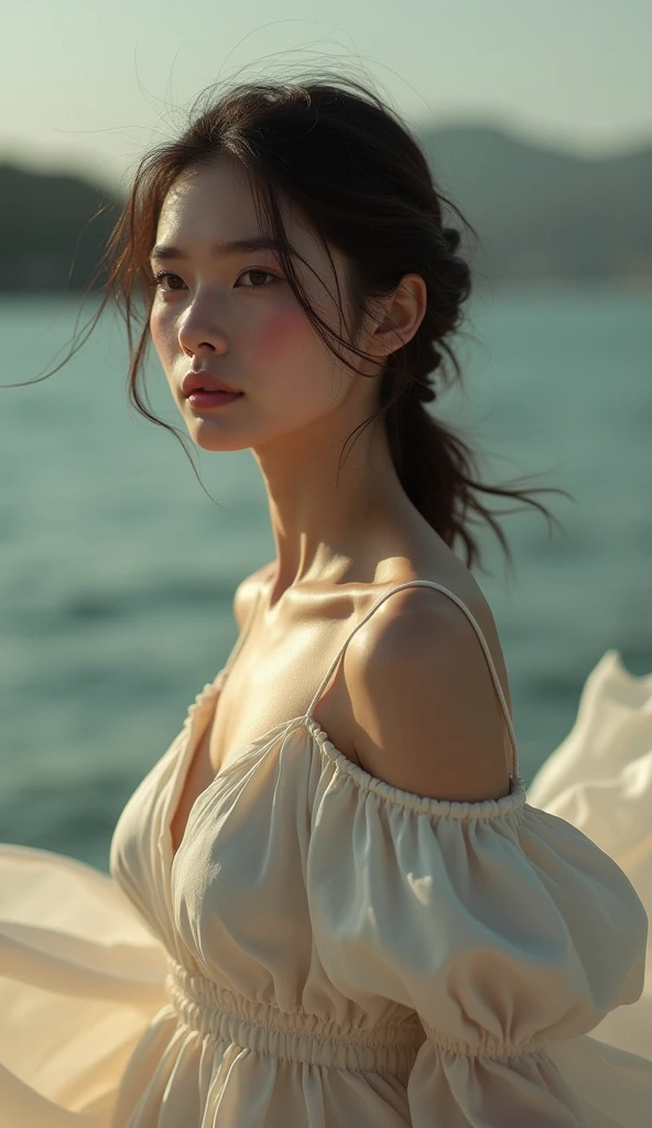 ((pure beauty:0.8, ultra-realistic:1.2)), caucasian flesh:1.2, bright eyes:1.1), light contrast and hue:1.1, high surface:1.1, image quality:ultra hd:1.3, upper part of the body, high nose bridge, dynamic angle, clouds and sea, field of flowers in the foreground, light tracking, lifelike, informal art, unity 8k, masterpiece,best quality, gleaming skin, cinmatic lighting,