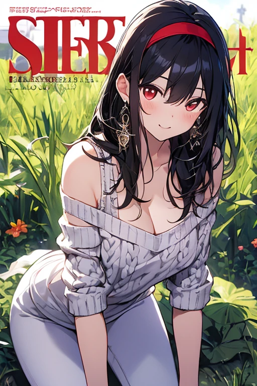 (small breasts:1.3), (perky chest:1.1), (pointed chest:1.0), (fashion magazine cover:1.3)，(from below:1.0),(from side:0.9),masterpiece, 1girl, Amazing Cleavage:1.1, thin waist, big ass, Raised sexy, small breast: 1.3, posed cleavage:1.2、solo, looking at viewer, open mouth, have a cute grass of cute beergrass,black hair, dark green eyes, dress, bare shoulders, jewelry, collarbone, sidelocks, hairband, earrings, indoors, off shoulder, :o, sweater, arms behind back, plant, short hair with long locks, gild hairband, off-shoulder dress, sweater dress, off-shoulder sweater, red sweater, dark gord hair, big side hair, very long side hair,is rendered in (masterpiece: 1.2, best quality), with (ultra high resolution) and an exquisite (depth of field). This masterpiece is not only visually stunning but also tells,A scene of cooking in the kitchen by classroom
