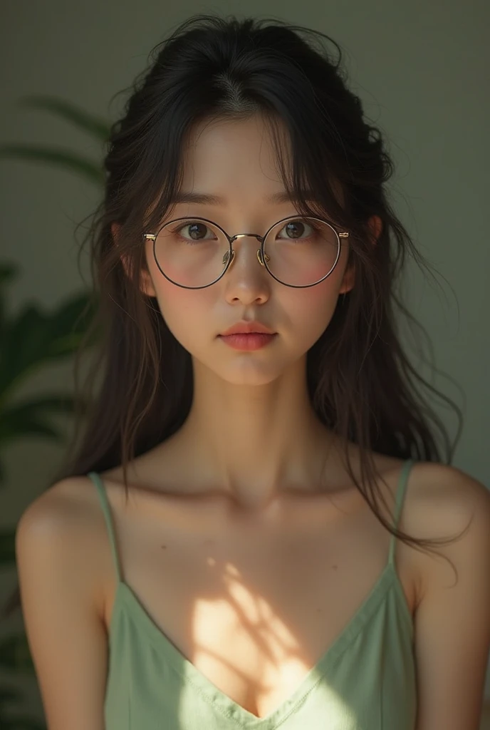 Japanese girl in pink bra wearing glasses
