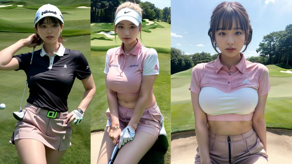 1 woman, cute, golf course, big bust, beautiful woman, 25 years old, sun visor, Golfers, professional golfer, Diffused natural skin glow, beautiful scenery, Golf T-shirt, Plechima