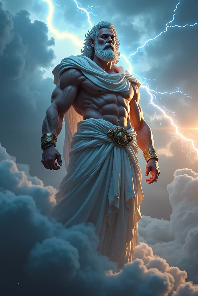 The main god Zeus appears from the thunderclouds with a thunderbolt in his hand. His powerful figure and the stormy landscape behind him together create a divine sight. --auto