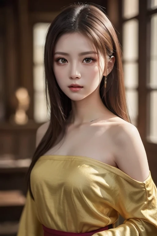 a beautiful russian woman in her 20s, light brown hair, fine white skin, attractive face, tight waist, cleavage, smiling kindly, wearing stylish clothes and necklace, detailed eyes, nose, lips, long eyelashes, perfectly balanced body, rough hairstyle, (best quality,8k,highres,masterpiece:1.2),ultra-detailed,(realistic,photorealistic,photo-realistic:1.37),HDR,UHD,studio lighting,ultra-fine painting,sharp focus,physically-based rendering,extreme detail description,professional,vivid colors,bokeh,portrait,beautiful night scenery,geisha,
