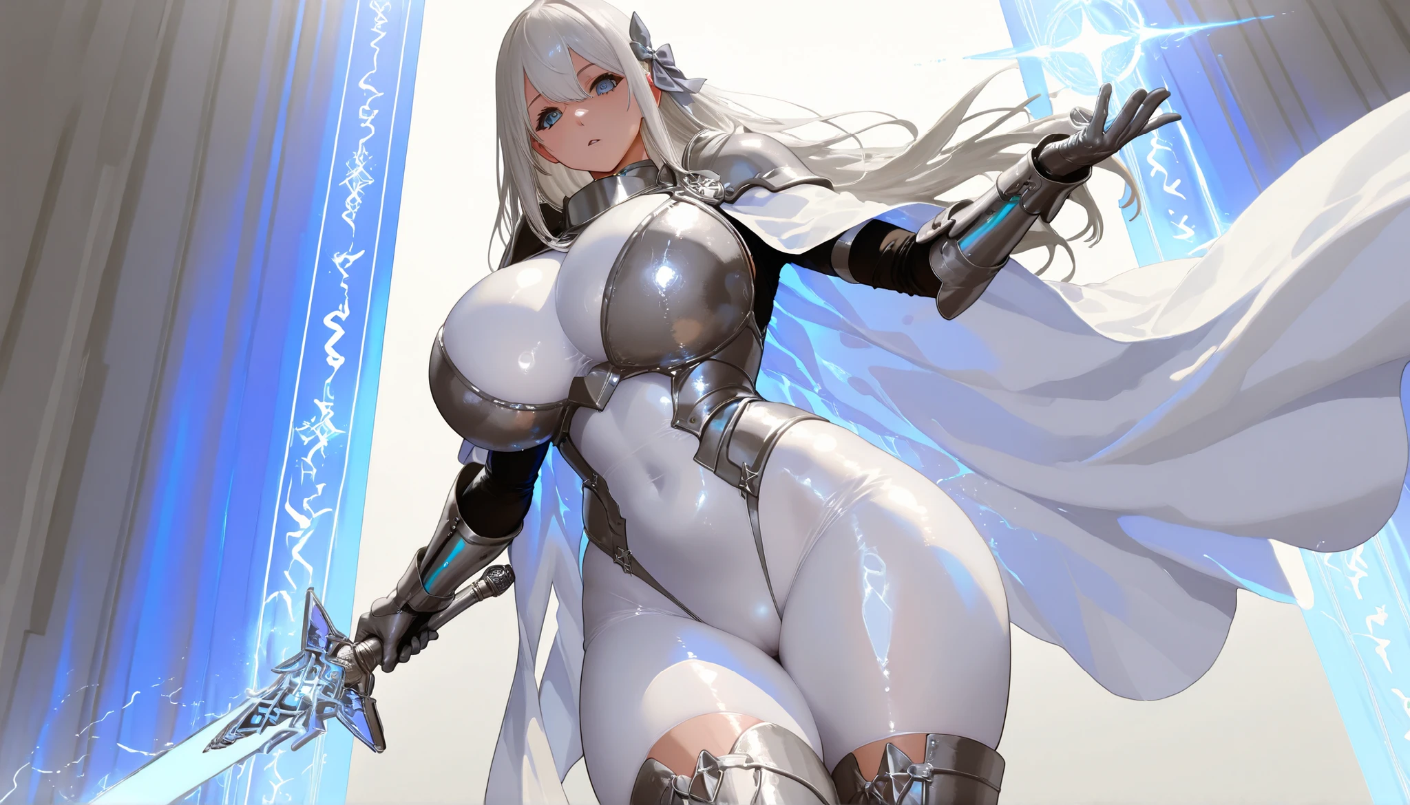 silver long hair、Knight、(super huge breasts)、(white tight bodysuit)、(Platinum Armor)、(White Cloak)、(glamorous、Wide Hips、thick thighs、curve)、(detailed white decorations with glowing holy sword、silver gauntlet、silver long boots)、(With a silver bow)、 Fortified City 、(white light magic effect:1.5)、NSFW、shot from below、dance、dynamic angle、