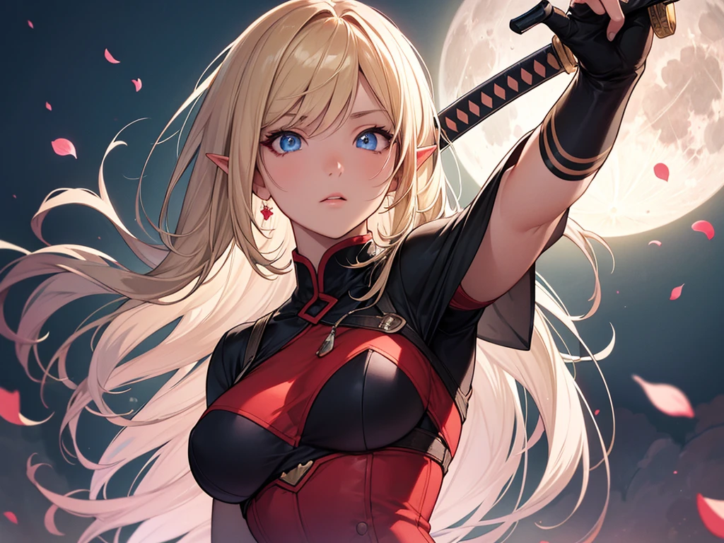 (masterpiece, best quality:1.2), (detailed skin, skin texture), best quality, ((intricate detail:1.2)), highres, black outline, reflective floor, reflective material, monochrome, red, depth of field, 
1girl, elf, perfect face, perfect eyes, large breasts, yellow eyes,red eyes, blonde hair, very long twintails,very long hime cut, straight hair, from below, looking at another, crossed legs,on stomach, parted lips, (glowing eyes:1.5), 
blush, cleavage, castle, thick thighs, skindentation, see-through, jewelry, beautiful night scenery, night sky, star \(sky\), fantasy castle, village, mountainous horizon, (mist, fog:1.2), red moon, blood moon, blood on face, skindentation, see-through, vampire, fang, miyamoto musashi \(fate\), gold jewelry, eye trails, eye trail, holding naginata, naginata, sweat, revealing clothes, east asian architecture, torii, japanese text, upper body, close-up, see-through, light freckles, whisker markings, spider lily,
