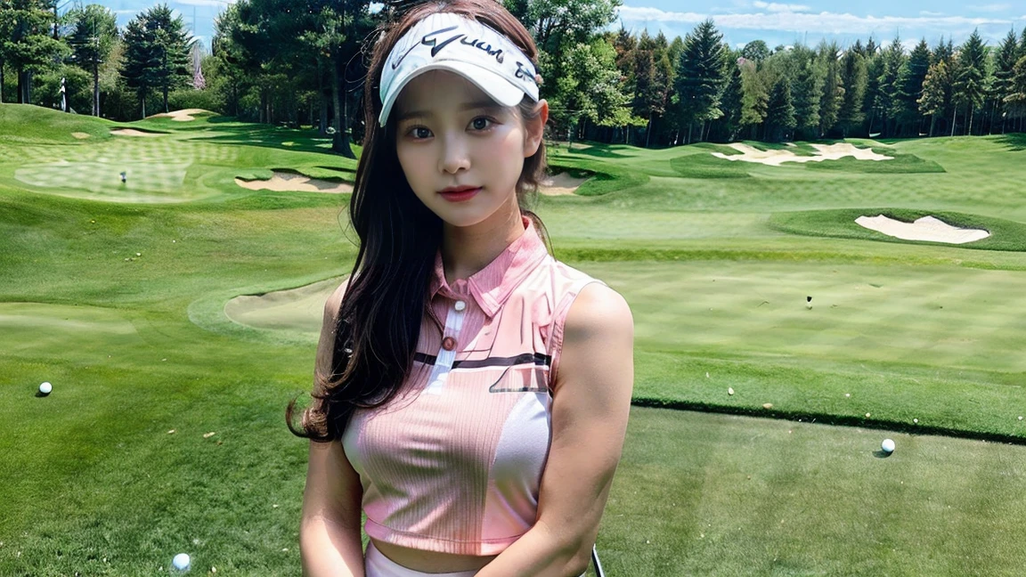 {{masterpiece}}, {{best quality}}}}, {{ultra-detailed}}, detailed 8k cg, big, female golfer, green, squatting, pants visible, very short pink skirt, thighs exposed, golf wear with chest wide open, open legs, front view, looking at viewer, cleavage, Sun visor, ponytail