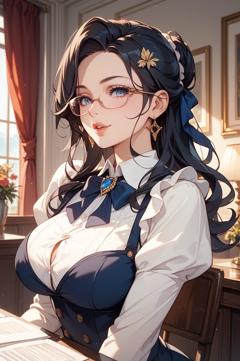 (64k, RAW photo, highres, best quality, masterpiece:2.0), (ultra-fine depiction of the detail:2.0), (realistic, beautiful, photo-realistic:1.3), 1girl, (yuri alpha), (long black hair, slightly messy), (diagonal bangs), (single braid bun), (shiny black hair, blue-gray eyes),(cool glasses), (gothic style vivid blue choker), (blue bowtie and ribbon) (simple but high-quality maid dress), (elaborately designed, vivid dark emerald green, spiked gantlets), (solemn maid dress with gothic style coreset), (huge breasts, sexy cleavage), (elegant and handsome woman), (shiny skin, pink lips), (looking at the viewer), (closed mouth, a faint smile), (in a study room, filled with solemn atmosphere), (highly sophisticated professional HDR, with effective ambient occlusion, perfectly optimized effective spot light and front light:1.8), (perfect, natural, harmonious composition), (photo-realistic, ultra-detailed:1.5), ((portrait:1.6))