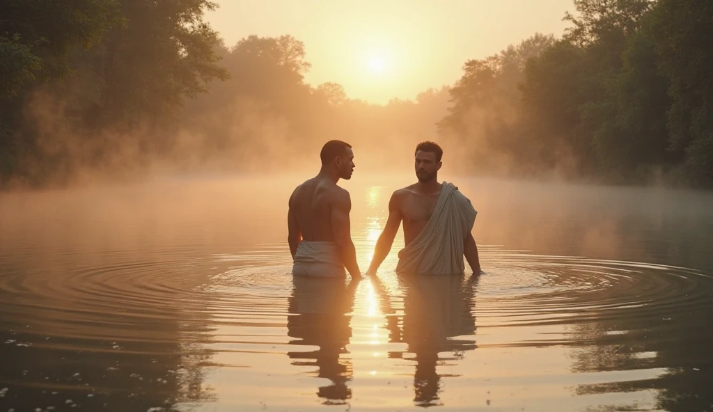 2boys kissing and embracing, masterpiece, best quality, slim lean boys young adults standing shirtless in a tranquil pool surrounded with water lilies and reeds. The men are muscular lean slim and well built, with defined muscles. The men are wearing white linen loincloth which have intricate gold embroidery. (narrow loincloth:1.0). Exposed thighs and legs. They are wearing gold armbands on their arms, gold leg bands on their thighs, gold anklets on their ankles, gold bracelets, and gold necklaces. The men are wearing a single ear cuff.