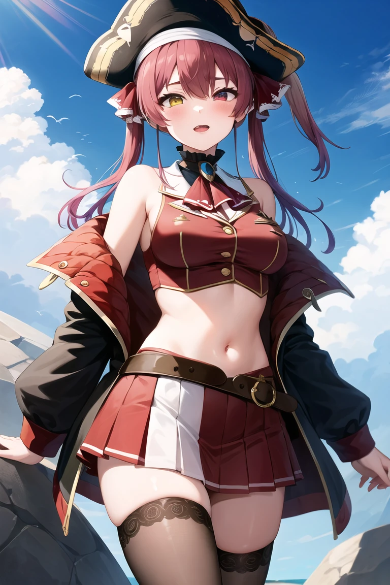 masterpiece, best quality, absurdres, perfect antomy, houshouBase, 1girl, solo, heterochromia, red eyes, yellow eyes, twintails, long hair, hair ribbon, large breasts, white gloves, frilled choker, red ascot, leotard, leotard under clothes, red jacket, cropped jacket, sleeveless jacket, black coat, off shoulder, bicorne, red skirt, miniskirt, leather belt, black thighhighs, standing, smile