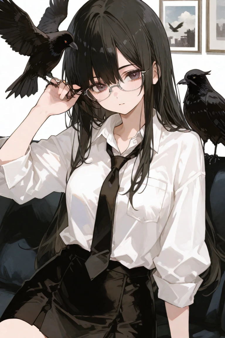 Generate an artwork of the highest quality (1.2) that shows a close-up of the eyes with an emphasis on dark horror film elements. The image should feature a single female character, alone, with **shiny black hair** and **deep, pitch-black eyes**, a fringe and medium-sized breasts. She must be dressed in a white shirt and tie, using a characteristic anime style. The character should have an intense gaze and a serious expression (male: 1.2), and should be looking directly at the viewer as if in an interview (interview: 1.3). The background should be dark with the presence of crows (crows: 1.3) and should be blurred to give a realistic effect (dark and red background, detailed background)
