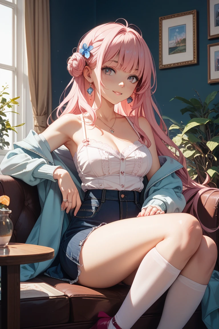 realistic image, detailed image, coherent image, 1 beautiful elf, she has very long hair, she has a black bow in her square bangs, pink hair, light blue eyes, smiling, winking, she is wearing a loose blouse, showing navel, mini jean shorts, sneakers, She has a curvy body, big breasts and thick thighs, She is sitting, sitting sensually, showing her legs, arching her back, surrounded by falling flower petals around, inside a restaurant, full body view, view from above, sunset, twilight, Soft focus, Dramatic shadows, Volumetric lighting, natural lighting,chika fujiwara