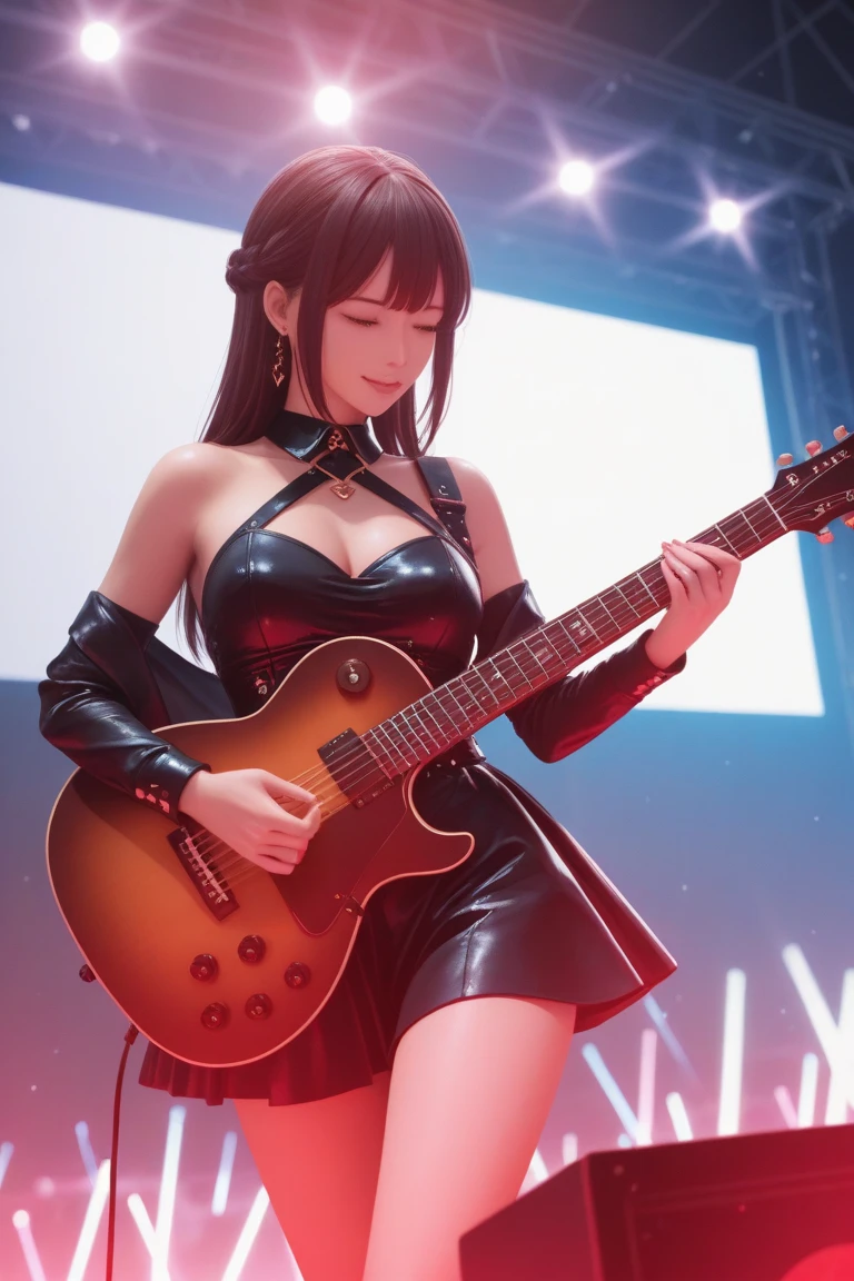 a glamorous woman, exciting flashy outfit, matching guitar, performing in a crowded kpop concert, lively performance, power ballad, cinematic lighting, vibrant colors, dynamic movement, dramatic angles, high energy, close-up shots, intricate details, photorealistic, 8k, best quality, masterpiece