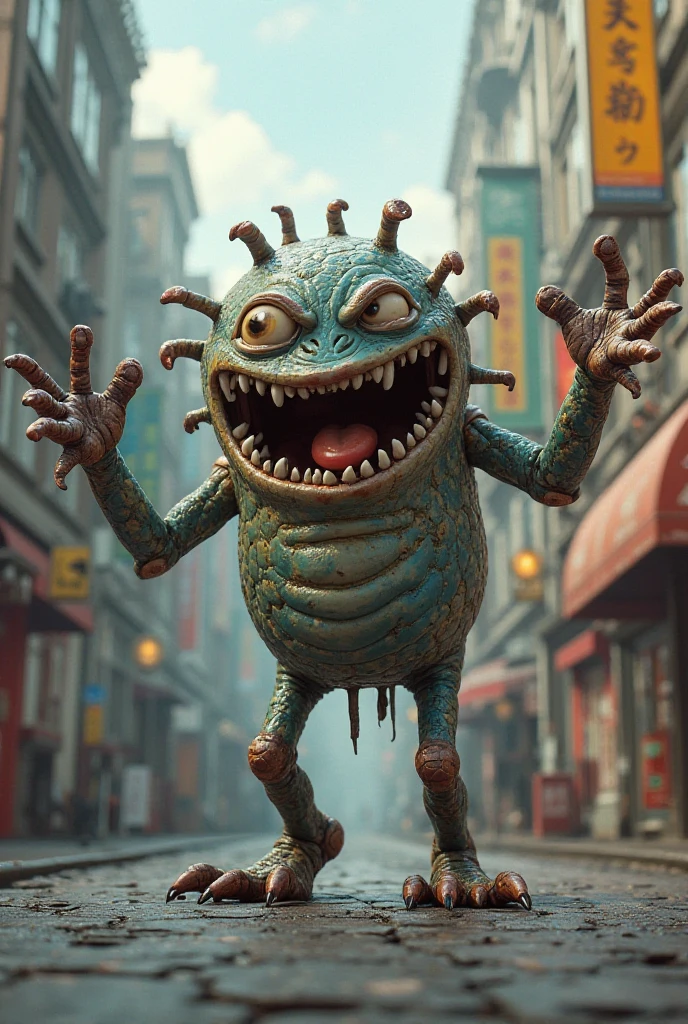 ((garbage pail kids style)), a worm with a face and body sticking out of the side of a building, garbage pail ??? style, a grotesque humanoid worm creature,highly detailed face emerging from the side of a dilapidated building,grungy urban environment, vibrant colors, surreal and bizarre, twisted and distorted, nightmarish and unsettling, (best quality,4k,8k,highres,masterpiece:1.2),ultra-detailed,(realistic,photorealistic,photo-realistic:1.37),grotesque,surreal,dark fantasy,horror,bizarre,unsettling,unsettling atmosphere,gritty,urban decay,detailed textures,vibrant colors,twisted,distorted,monstrous,nightmarish
