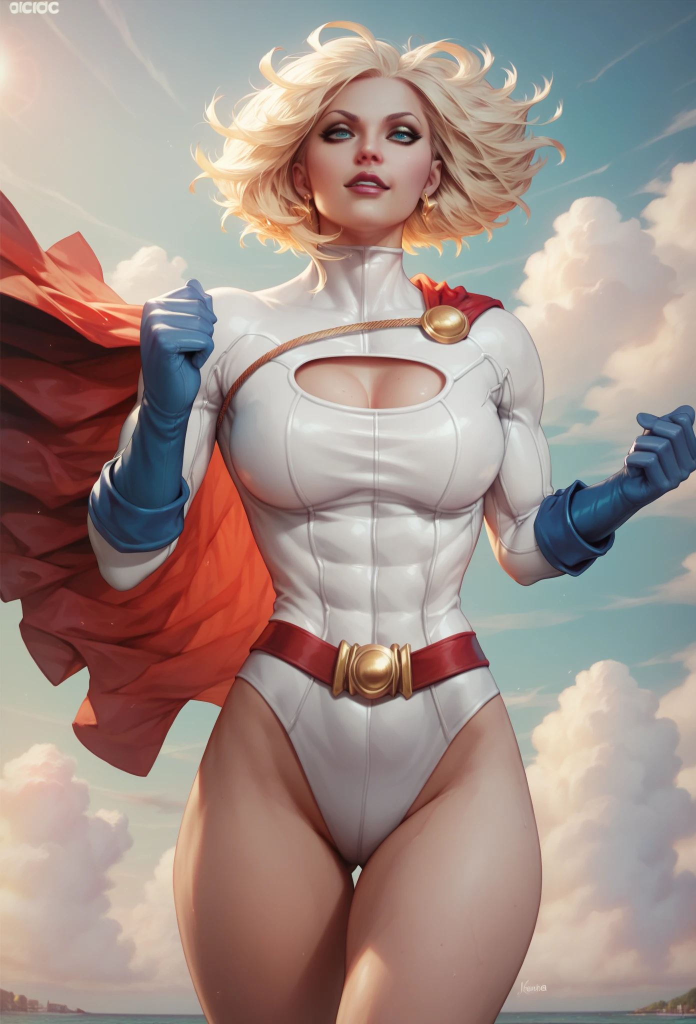 Power girl, detailed eyes, detailed lips, detailed face, upper thighs