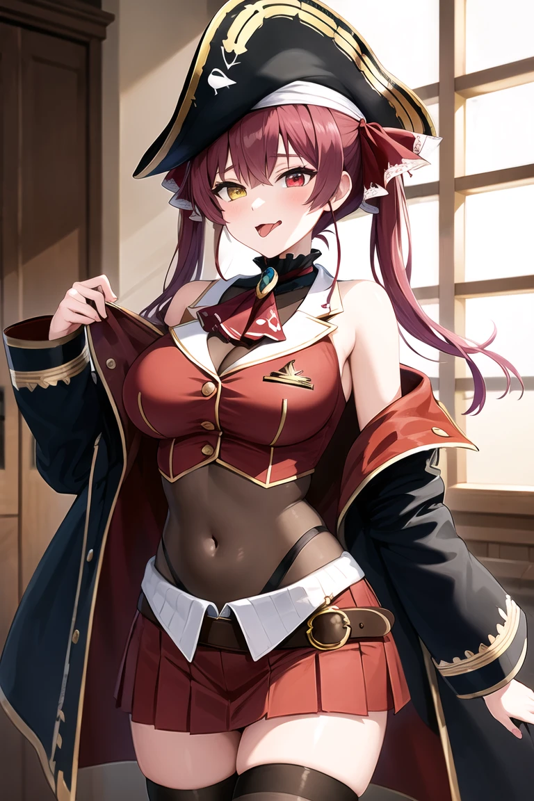 masterpiece, Highest quality, Absurd, Perfect Anatomy, houshoubase, One person, alone, Heterochromia iridis, Red eyes, Yellow Eyes, Twin tails, Long Hair, Hair Ribbon, Large Breasts, White gloves, Frilled Chalk, Red Ascot, leotard, leotard under clothes, Red jacket, Cropped jacket, Sleeveless jacket, Black coat, Off the shoulder, Diagonal, Red Skirt, mini skirt, Leather Belt, Black knee socks, Are standing, smile